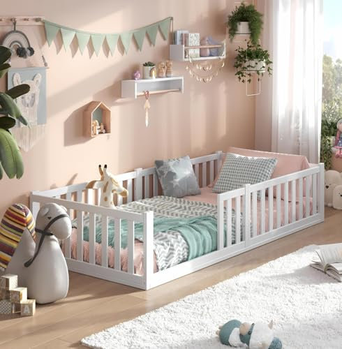 ALAVYA HOME® Titan Bodenbett 90x200 mit Rausfallschutz und Lattenrost - Kinderbett 90x200 aus Buchenholz FSC® zertifizert mit 2 Jahre Garantie - Montessori Kinder Bett in Weiß - Exklusives Buchenholz