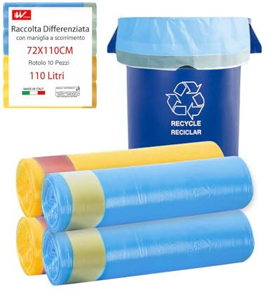 HW CASA 40 PZ Riciclabile al 100% Sacchetti Spazzatura 110L,Sacchetti Spazzatura 72x110 Colorati,Sacchetti Pattumiera con Maniglia a Scorrimento,Sacchi per la spazzatura ecologici di grande capacità