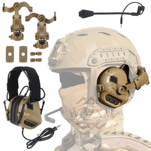 WQZXM Casque d’écoute tactique avec adaptateur rail ARC compatible avec le Ops-Core Fast et ACH Mich pour airsoft chasse tir (Tan)