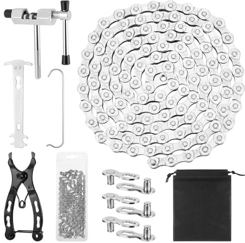 Hejo Fahrradkette, 1/2 x 3/32 Inch116 Glieder, 6/7/8 Fach Fahrrad Kette, Fahrradketten Werkzeug Set mit Kettennieter Fahrrad, Fahrradgliedzange und 3 Paar Kettenschloss, für Mountainbike