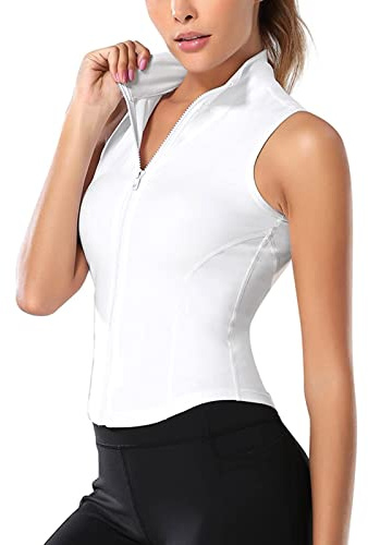 Camiseta deportiva para mujer Generisch - Chaleco sin mangas de ajuste delgado con cremallera, camiseta deportiva para el gimnasio, con cuello alto, camiseta deportiva de manga corta, prenda elástica