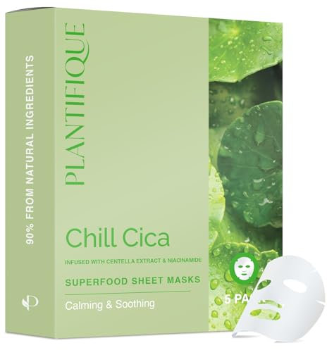 PLANTIFIQUE Maschera Viso in Tessuto Chill Cica 5 Pezzi – Maschere Lenitive e Rilassanti con Centella e Niacinamide – Cura della Pelle Coreana per Comfort e Texture Uniforme della Pelle