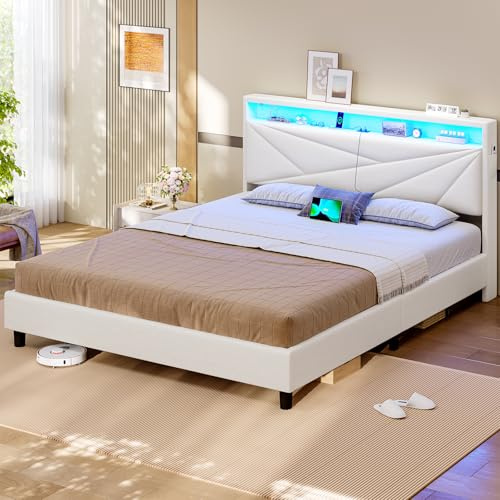 KIMENICH Lit 160x200 avec Sommier, Lit Double avec LED Réglable et Multiprise, Étagères Ouvertes et Rangement sous Sommier, Cadre de Lits 160x200 Capitonné, PU Blanc