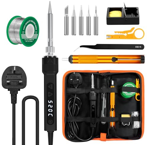 120W LED Soldering Iron Kit, 7s Fast Heating Adjustable Temp 180-520°C Auto Sleep Precision Welding Tools Electronics Repair with Solder Wire, 5 Soldering Iron Tips, Desoldering Pump, Stand, Tweezers