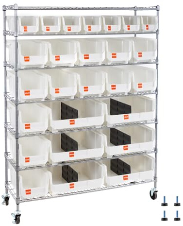 VEVOR 7-Tier Rolling Bin Storage Rack, 26 Organizer Bins, Bin Rack Storage Steel Wire Shelving System with Wheels, Mobile Tool Organizer for Garage, Warehouse, Office, Restaurant, Kitchen, Classroom