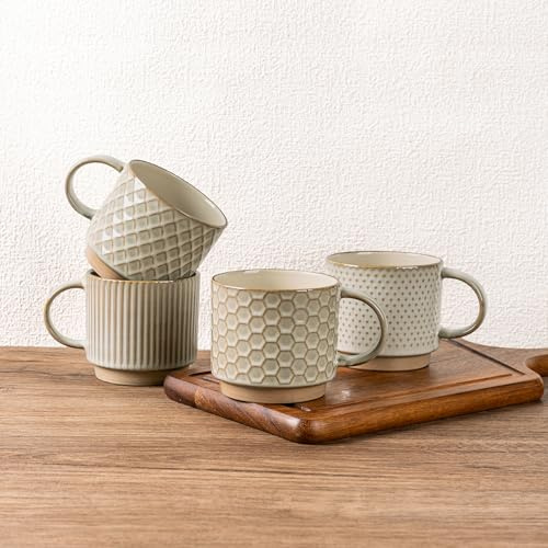 GBhome 12 OZ Stackable Coffee Mugs Set of 4, Ceramic Coffee Cups Set | Coffee Cups for Latte, Tea, Cocoa&Milk, Ideal for Daily Use&Gifts, Microwave&Dishwasher Safe, Pale Khaki