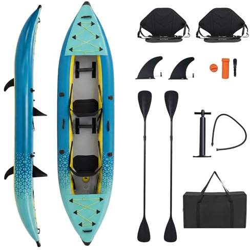 COSTWAY Kayak Gonfiabile 2 Posti, Kayak da Pesca Gonfiabile e Portatile 381 cm con 2 Sedili Imbottiti e Poggiapiedi Regolabili, Remi in Alluminio, Pompa a Mano, Ideale per Lago e Mare (Verde acqua)