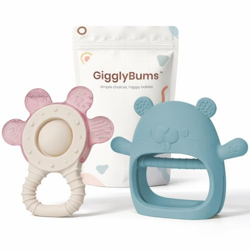 Baby Teether Set 3+ Months – Silicone & Water-Filled Cooling Teether 2-Pack, BPA-Free Sensory Teething Toys, Easy Grip, Sore Gum Relief – Baby Shower-Gift-Ready by GigglyBums