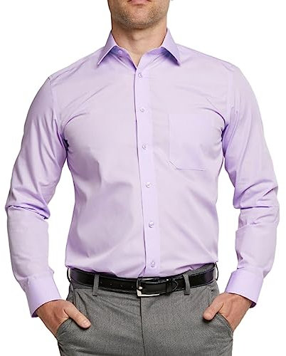 Double TWO Men's Long Sleeve Plain Formal Shirt Non Iron Classic Fit Business Dress Shirt - Mauve, 19in Collar