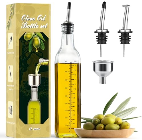AOZITA 17oz Glass Olive Oil Dispenser Bottle - 500ml Clear -Oil & Vinegar Cruet with Pourers and Funnel - Olive Oil Carafe Decanter for Kitchen