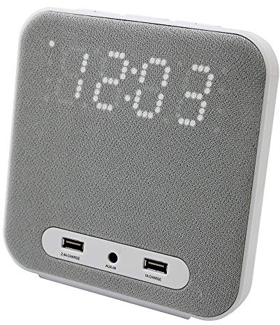 HANNLOMAX HX-145CR Alarm Clock Radio, PLL FM Radio, Digital Clock with Dual Alarm, 2 USB Ports for 2.4A and 1A Charging, Aux-in, AC Power Operation only. (Grey)