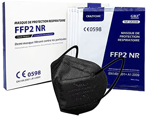 CRAZYCHIC - 10x Masque FFP2 NR Noir - Norme CE EN149 - Masque de Protection Respiratoire Certifié - Haute Filtration 5 Couches CE0598 - Stock France Livraison Rapide - Boîte 10 pièces