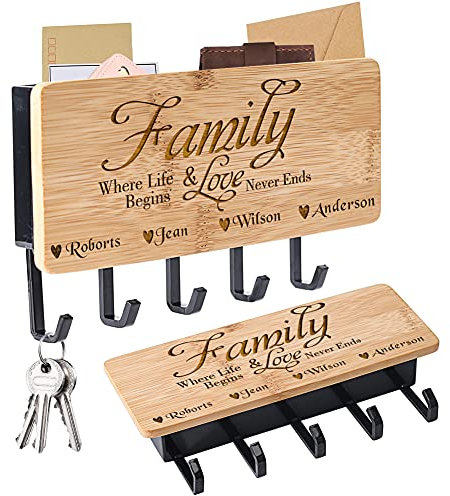 Porte-clés gravé personnalisé pour mur, porte clef mural avec 5 crochets, organisateur de porte-clés pour vestibule d'entrée, couloir, cuisine, lettre de bureau