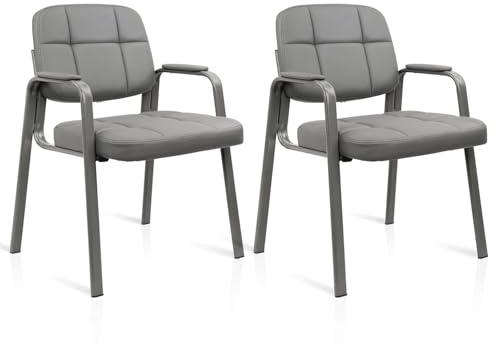 CLATINA Guest Waiting Reception Chair with Bonded Leather Thick Cushion and Padded Arm Rest Stationary Desk Chairs for Office Conference Meeting Lobby Hall Side Break Room, Grey, 2 Pack