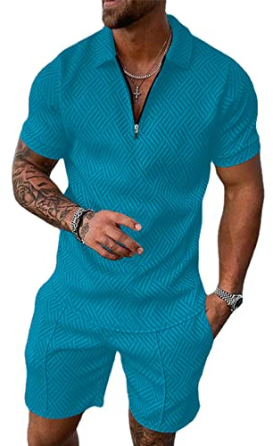 Hoefirm Herren Trainingsanzug Sommeranzug Sets 2 teilig Freizeitanzug Poloshirt mit Halbzip Shorts Kurzärmelig Alltag Urlaub Blau XL
