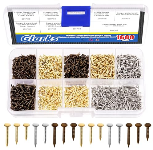 Glarks 1600 pezzi Small Tiny Nails Kit Wooden Screw Nail Gold Silver Bronzo 1 X 6 mm 1 X 8 mm 1 X 10 mm Mini chiodi per accessori hardware fai da te installazione fissa