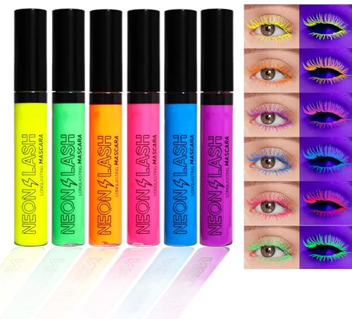 Mrettick Neon Mascara 6 Farben, wasserdicht, lang anhaltend, kein Verklumpen, buntes kräftiges Augen-Make-up für den täglichen Gebrauch und die Halloween-Weihnachtsfeier Hochzeit