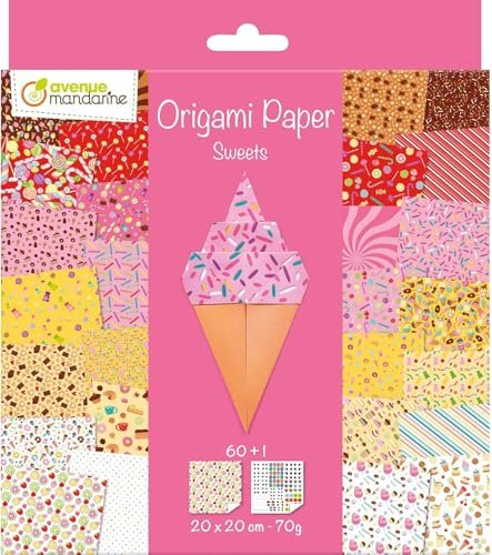 Avenue Mandarine OR522C – Paquete de 60 Hojas Origami 20 x 20 cm 70 G (30 diseños x 2 Hojas) y una Hoja de Pegatinas incluida – Papel Origami de Caramelo