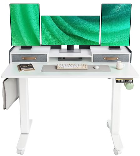 Morsut Höhenverstellbarer Schreibtisch mit Schubladen und Monitorständer 120x60 cm, Elektrischer Stehschreibtisch auf Rollen, Computertisch Sitz/steh mit Memory Funktion und Kollisionschutz, Weiß