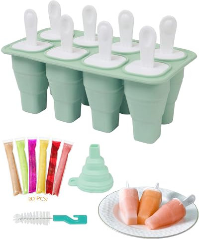 BIQIQI Moules à Sucettes Glacées Pliables, Moules à Glace à 8 Grilles, Livrés avec 20 sacs à Glace, sans BPA, Ensemble de Moules à Glace à Faire Soi-Même avec Entonnoir et Brosse de Nettoyage (Vert)