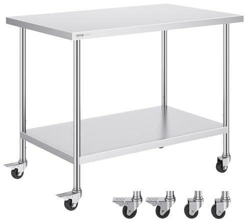 VEVOR Stainless Steel Work Table 30 x 48 x 38 Inch, with 4 Wheels, 3 Adjustable Height Levels, Heavy Duty Food Prep Worktable for Commercial Kitchen Restaurant, Silver