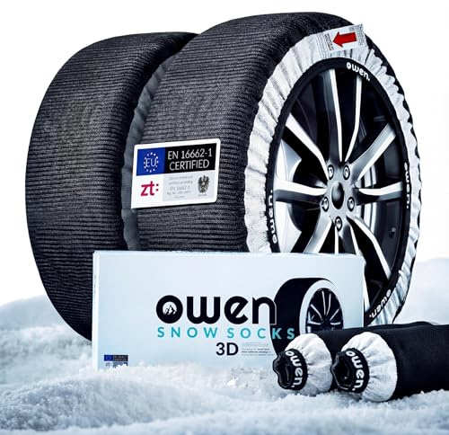 OWEN Textil snökedjor M – ‎EN 16662-1 certifierad – homologerad – set om 2 – 3D-tyg – snöstrumpor – ABS/ESP skonsamma – storlek M
