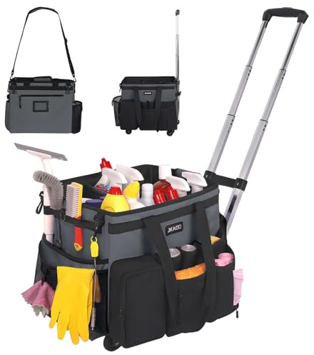 JKAOO Large Rolling Cleaning Caddy Bag with Detachable Trolley, Waterproof Cleaning Caddy on Wheels for Housekeepers, Cleaning Cart Supplies Organizer for Home,Car,Office,Picnic(Gray)(InPatent)