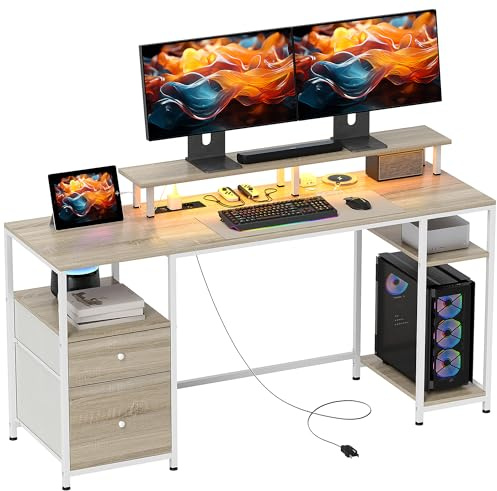 HOMCOM Mesa de Escritorio Mesa de Ordenador con Luces LED Estantes Cajones Tomas de Corriente Puertos USB y Soporte para Monitor para Oficina Estudio 155,5x48x88,5 cm Natural