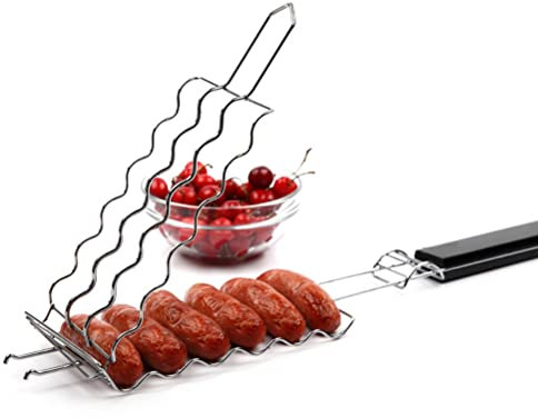HAOHIZE Barbecue Grilling Basket, 6 Hot Dogs Metal Barbecue Sausage Rack Grill Mesh Clip Holder Picnic Kitchen Tools BBQ Basket for 6 Sausage Links