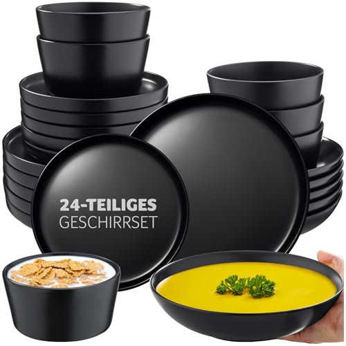 tectake® Service de table 6 personnes Service vaisselle et arts de la table 24p. avec 6x Assiettes creuses 6x assiettes plates 6x assiette à dessert 6x bols petit déjeuner Coupelle soupe Lot assiette