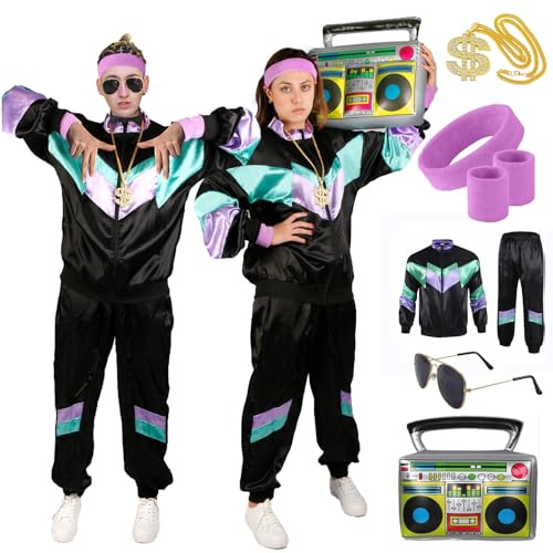 Déguisement Année 80 Femme Homme, Costume Survêtemen Années 80 90 Accessoire Jogging Tenue Bad Taste Rétro Disco Survêtement TenueVeste Pantalon Carnaval Cosplay Soirér Deguise Couple Vetement