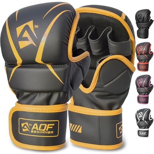 AQF Guantillas MMA, Diseño Palma Abierta Guantes Boxeo, Soporte Mejorado Muñeca, Acolchado Amortiguador, Ligeros Guantes MMA, Guantes Muay Thai para Entrenamiento, Kickboxing Y Karate (Oro, L-XL)