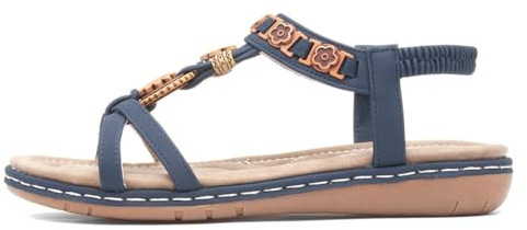 Lilley Womens Navy Beaded T-Bar Slip On Sandal - Size 5 UK - Blue
