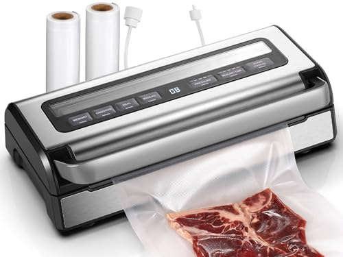 Vakuumiergerät 95 kPa,9-in-1 Lebensmittel-Vakuumierer mit einstellbarem Zeit- & Druckmodus,Speicherfunktion,Doppelter Versiegelung,Integriertem Schneider & Beutelaufbewahrung,inkl. 2 Rollen & Schlauch