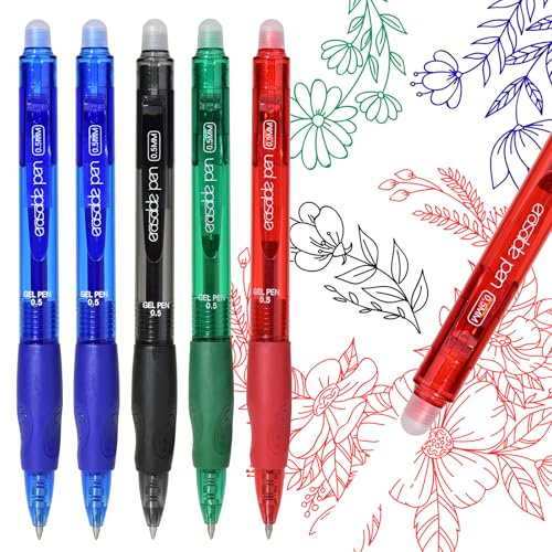 LVZONGXIN 5 stycken raderbara gelpennor – 2 x blå, röd, grön, svart, kulspetspennor-set, raderbar kulspetspenna, gelpennor med radergummi, ergonomiskt handtag, 0,5 mm spets
