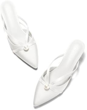 Coutgo Womens Pearl Kitten Heels Mules Closed Pointed Toe Sandals Satin Wedding Party Dress Shoes, White, Size 8