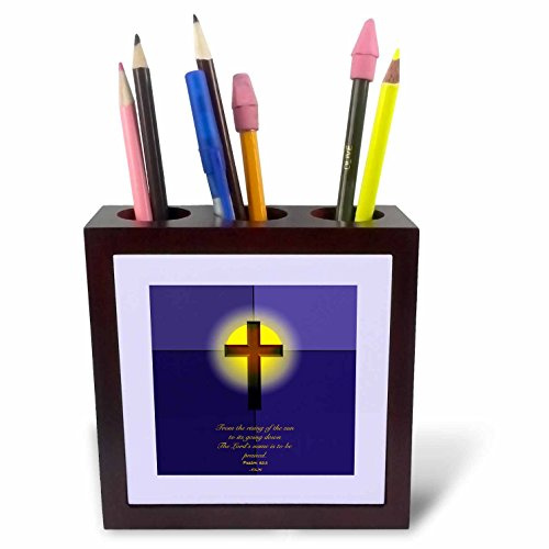 3dRose ph_21614_1 Psalm 113 3 Cross Sunrise Sunset Bible Verse in Blues and Yellows-Tile Pen Holder, 5-Inch
