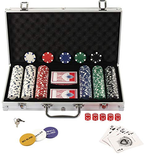 display4top Texas Holdem Poker Chips Set with Aluminum Case,2 Decks of Cards, Dealer, Small Blind, Big Blind Buttons and 5 Dice (300pcs)