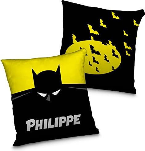 LolaPix Cuscino personalizzato da supereroe con nome. Regalo Geek. Vari disegni da scegliere. Bat