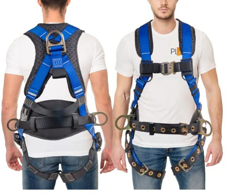 Palmer Safety Fall Protection Full Body 5 point Harness, Padded Back Support, Quick-Connect Buckle, Grommet Legs, Back&Side D-Rings, OSHA ANSI Industrial Roofing Tool Personal Equipment (Blue - MD)