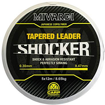 Mivardi Tapered Leader (0,30-0,47 mm) - Monofile Karpfen- und Brandungsangelschnur, konisch zulaufend, sinkend, abriebfest, transparent, 5 x 12 Meter
