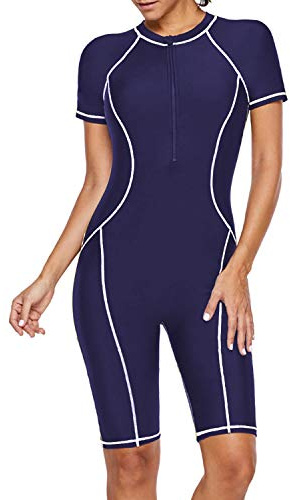 Jywmsc Dam, dragkedja fram, färgblock, våtdräkt, kortärmad, endelad surfingdräkt, pojkshorts, blå vit, XXL