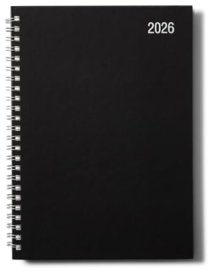 A5 2026 Diary Week to View – Black Executive Spiral Diary with Silver Wire Binding, Weekly Planner with Elastic Closure for Office, Work & Home