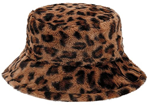 Mimfutu Winter Fluffy Bucket Hat for Women Men, Warm Fuzzy Furry Bucket Hats (Leopard Brown)