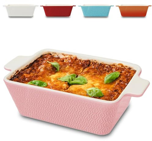 Praknu Auflaufform aus Keramik für 2 Personen - Für Lasagne, Tiramisu & Auflauf - Extra Hoher Rand - Eckig - Rosa