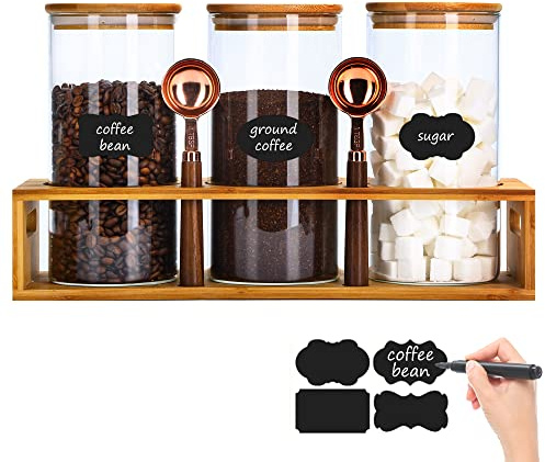 ZOMUIA Glass Coffee Containers Airtight Coffee Bean Storage Canisters with Shelf, 3Pcs 44oz Coffee Station Organizer, Kitchen Food Storage Jars for Sugar, Candy, Oats, Nuts