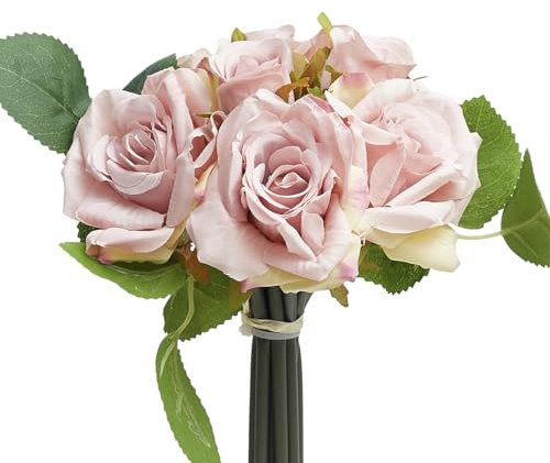 The Baked Studio – Silk Hand Tied Bella Rose And Tea Rose 8-Piece Bouquet For Cake Decorating, Home Décor, Weddings, Bridesmade Bouquets and Crafts (Dusty Pink + Mini Tea Roses)