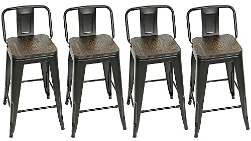 Set di 4 sgabelli da bar in metallo, alto industriale, 84 cm di altezza, seduta con schienale e seduta in legno, per cucina, bistrot, sala da pranzo, interni ed esterni, 84 x 42 x 42 cm