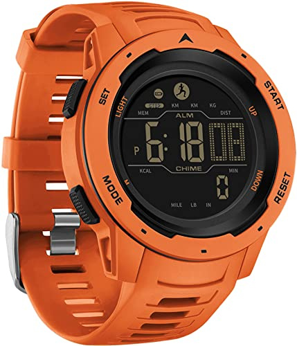 findtime Contapassi, orologio da polso arancione con calorie, 5 ATM, impermeabile, cronometro da uomo, digitale, militare, doppio fuso orario, sport, attività all'aria aperta, per uomini e ragazzi