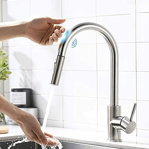 LOCZEK Mixer Taps for Kitchen Sink Pull Out Black Sensor Kitchen Faucets, Stainless Steel Smart Induction Mixed Tap, Touch Control Sink Tap, Smart Faucet Easy to Install/Silver